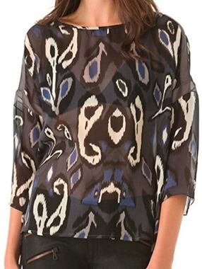 rag & bone Sheer Silk Ikat-Print Blouse in Black, Blue and Cream Size S